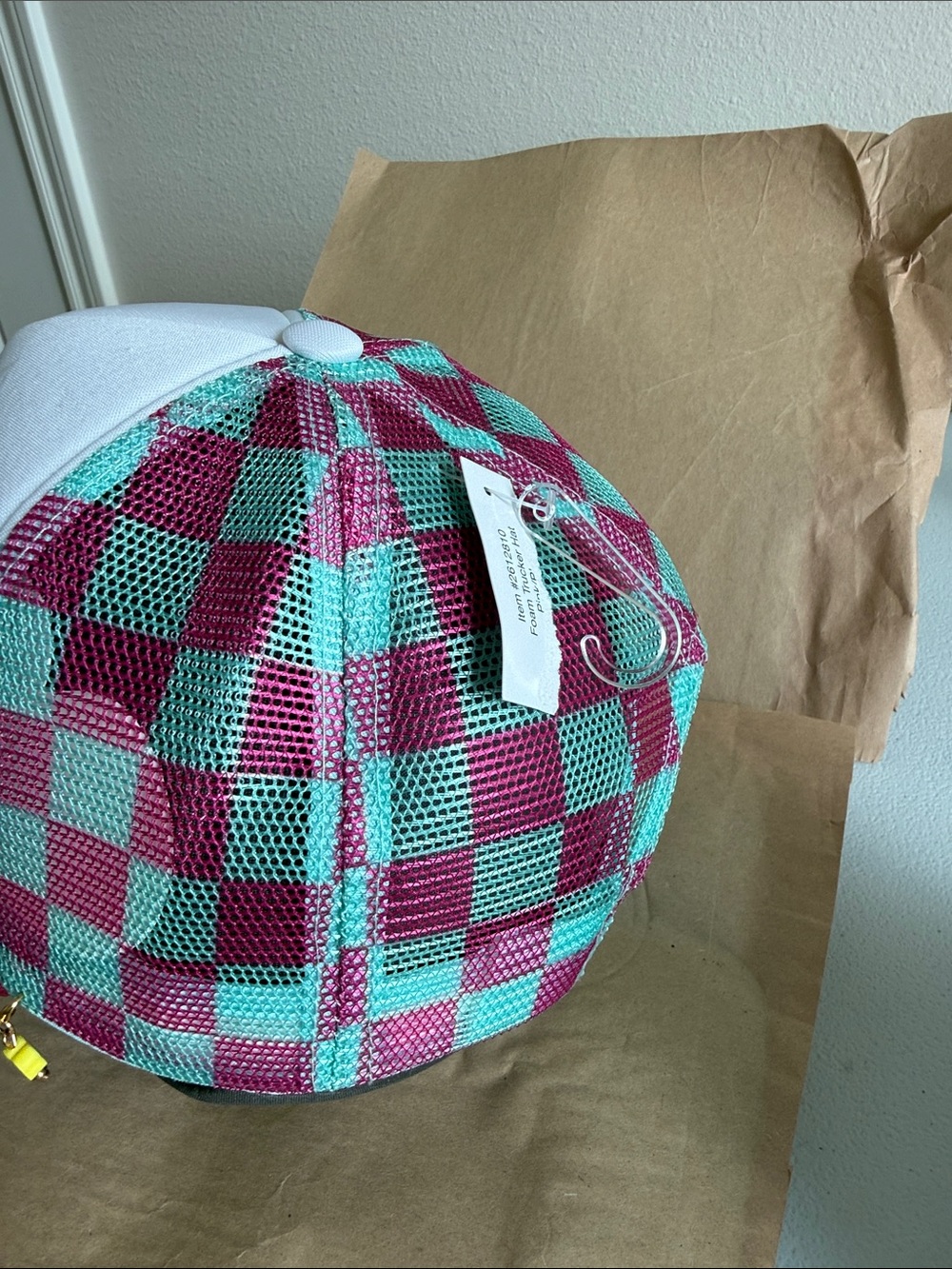 Beach Bum Trucker Hat - White & Aqua with Pink Print - Picture 3 of 4
